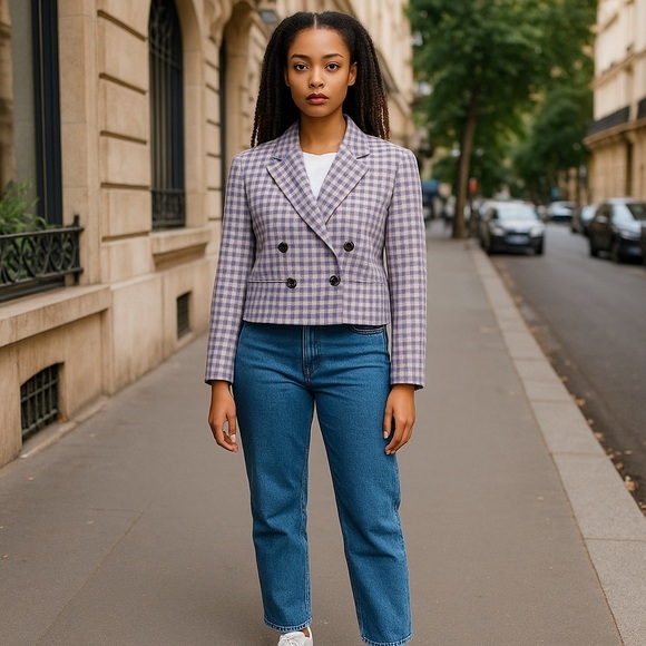 J.Crew Cropped double breasted blazer in Size 14 Heather Grey Purple Plaid - Picture 1 of 14